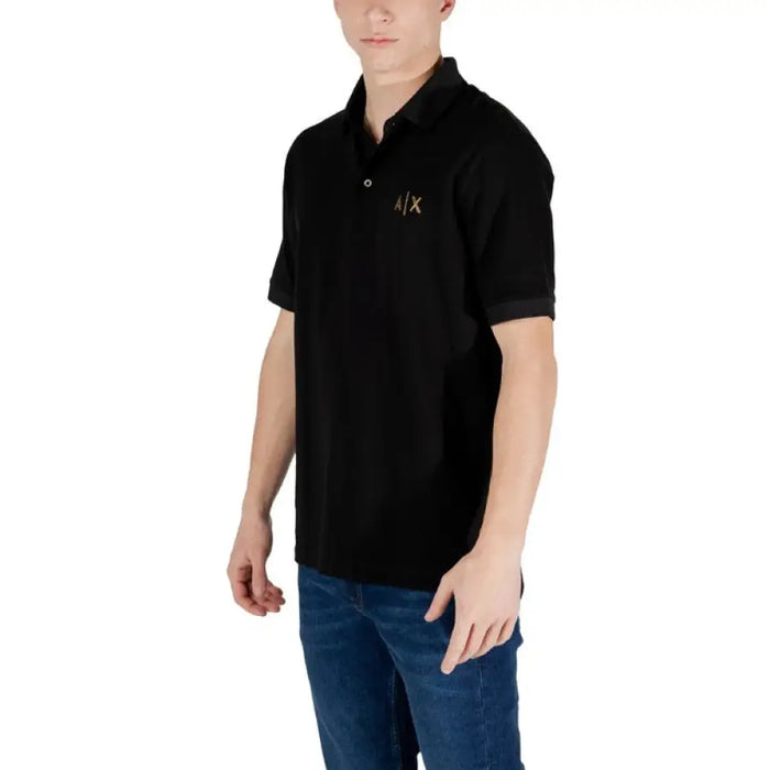 Black short sleeve polo shirt by Armani Exchange in premium cotton fabric