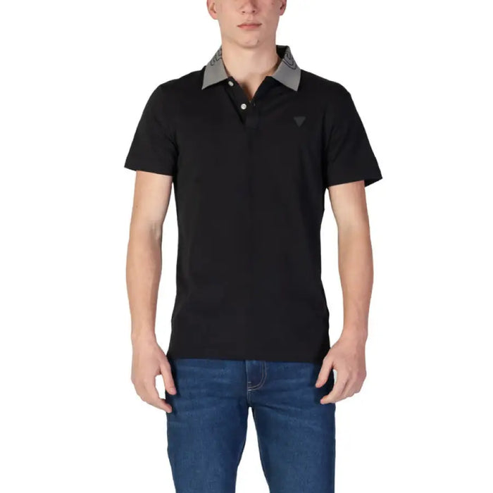 Black polo shirt featuring a patterned collar from the Guess Men collection