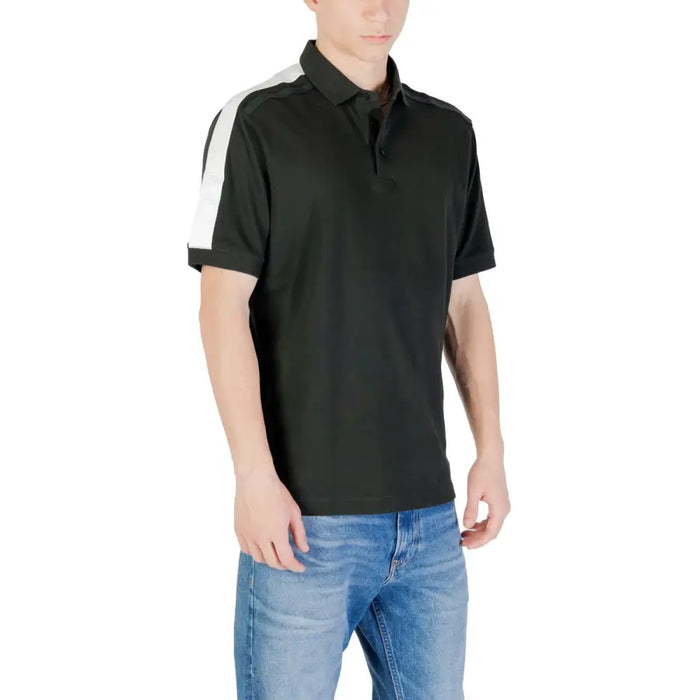 Black polo shirt with white shoulder stripe from Black Polo Shirt with White Shoulder Stripe and Dark Green Variant