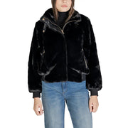 Black faux fur bomber jacket with hood and zipper closure made of polyester for women with pockets
