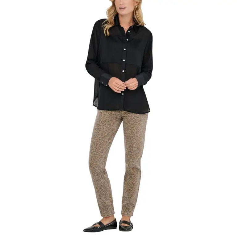 Black polyester long-sleeve button-front blouse with sheer paneling