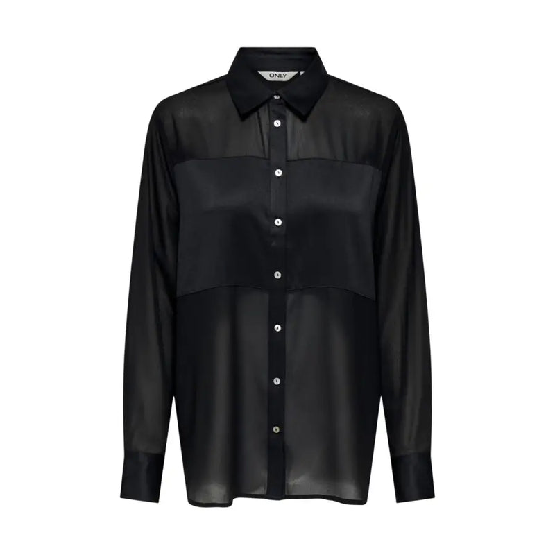 Black sheer polyester blouse with solid collar and opaque panels