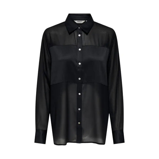 Black sheer polyester blouse with solid collar and opaque panels