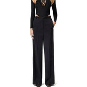 Black wide-leg polyester trousers by Elisabetta Franchi with logo buckle