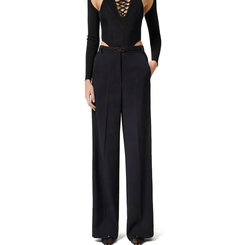 Black wide-leg polyester trousers by Elisabetta Franchi with logo buckle