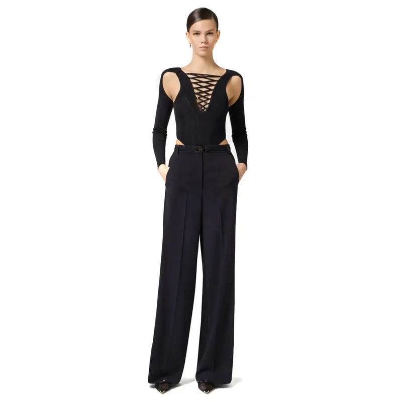 Black lace-up bodysuit with cut-out shoulders and Elisabetta Franchi wide-leg trousers