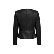 Vue de dos d'un blazer long noir en polyuréthane pour femme, avec un péplum ajusté en similicuir et des détails de coutures discrets.