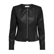 Blazer long en polyuréthane noir avec fermeture éclair argentée et basque en similicuir pour femme