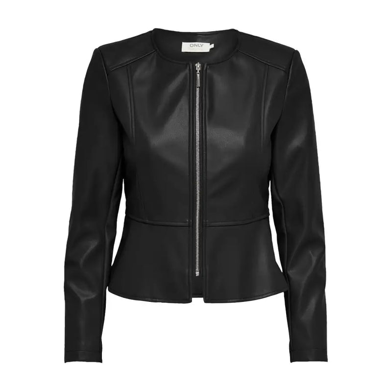 Blazer long en polyuréthane noir avec fermeture éclair argentée et basque en similicuir pour femme