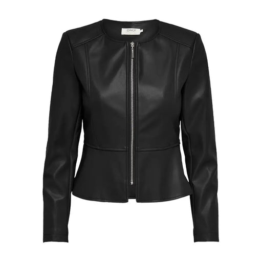 Veste péplum en similicuir noir avec fermeture éclair argentée pour femme
