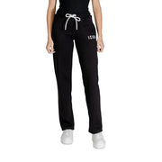 Black printed cotton polyester trousers with white laces featuring a black sweatpants design and logo on the thigh