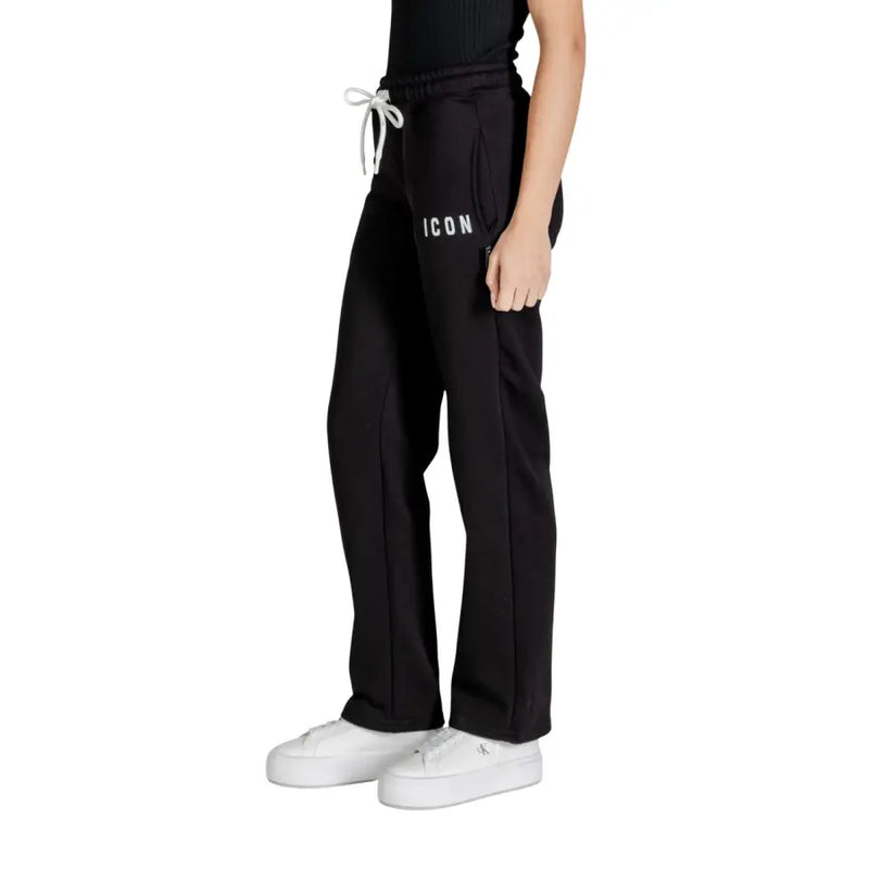 Black printed cotton polyester trousers with white laces black sweatpants with icon lettering and side pockets