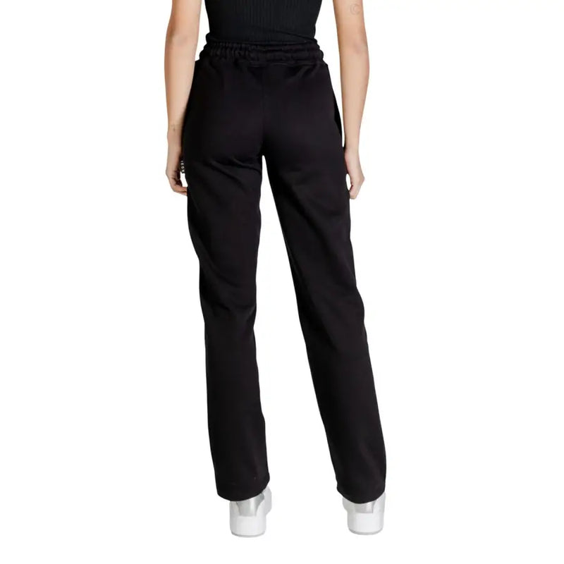 Black printed cotton polyester trousers with laces featuring black straight-leg sweatpants and an elastic waistband