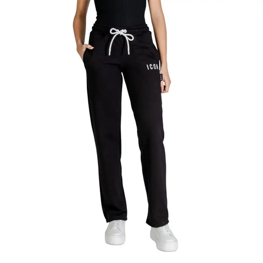Black printed cotton polyester trousers with white drawstring and logo