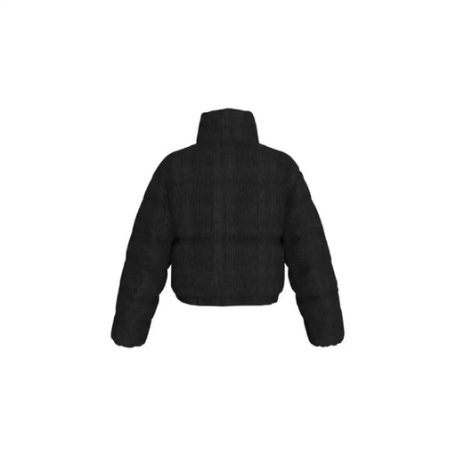 Black corduroy puffer jacket with a high collar, stylish outerwear for winter
