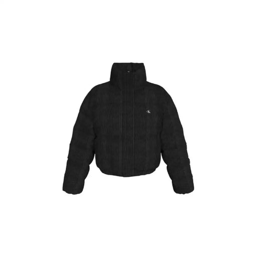 Black Puffer Jacket with Corduroy Texture and High Collar for Men and Women