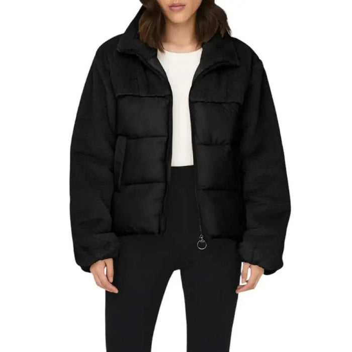 Women’s Black Turtleneck Jacket with Front Pockets in stylish black puffer design