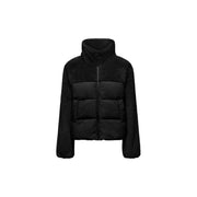 Black puffer jacket with fleece sleeves featured in Women’s Black Turtleneck Jacket