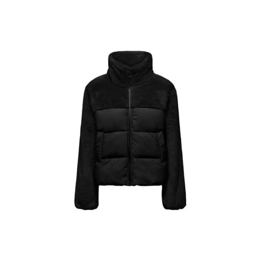 Black puffer jacket with fleece sleeves featured in Women’s Black Turtleneck Jacket