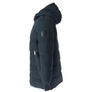 Black puffy winter coat with hood showcased from the side in Gaudì Men’s collection