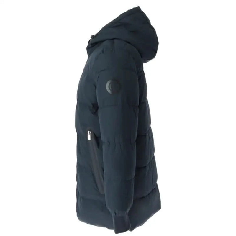 Black puffy winter coat with hood showcased from the side in Gaudì Men’s collection