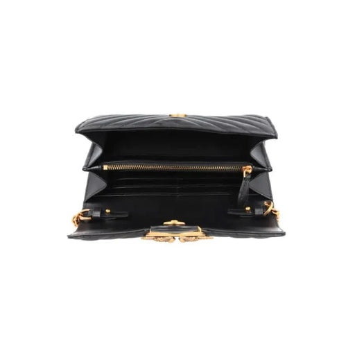 Black quilted leather handbag with gold hardware and multiple compartments by Pinko