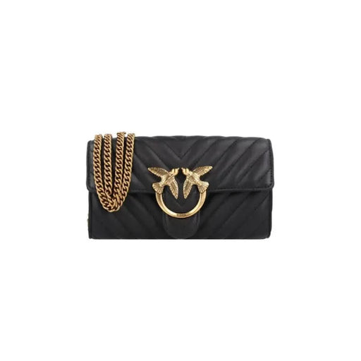 Black quilted leather clutch bag with gold chain and bird emblem clasp by Pinko