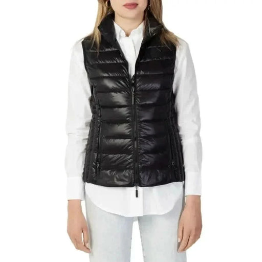 Armani Exchange Women Jacket: Black quilted puffer vest over a white shirt