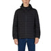 Black quilted puffer jacket with hood and zipper closure featured in men’s fashion collection