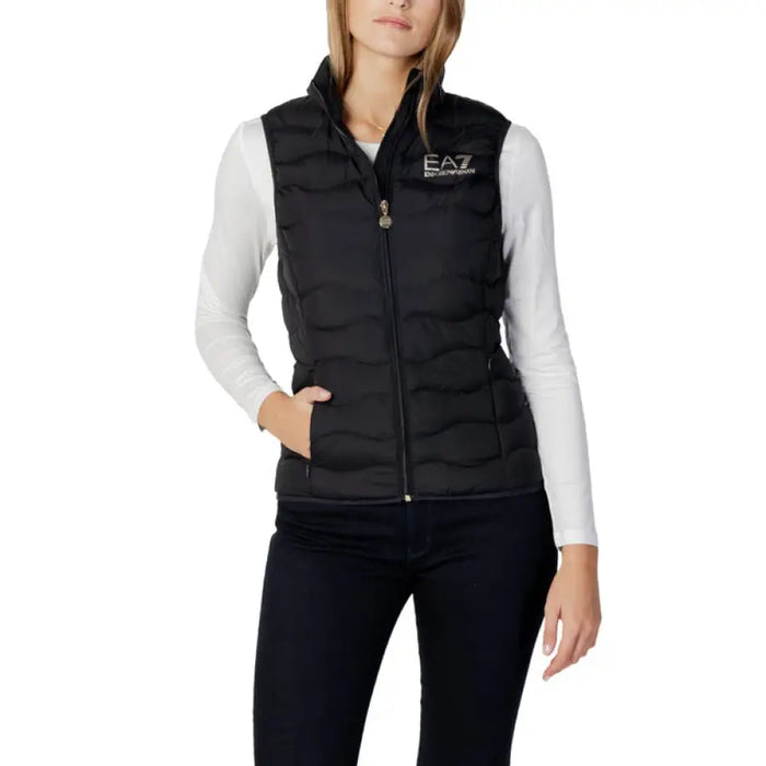 Black quilted vest from EA7 Women’s Sleeveless Turtleneck Jacket in White product display