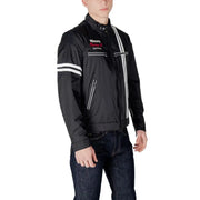 Black racing style jacket featuring white stripes and embroidered blues racing datto logo on the front