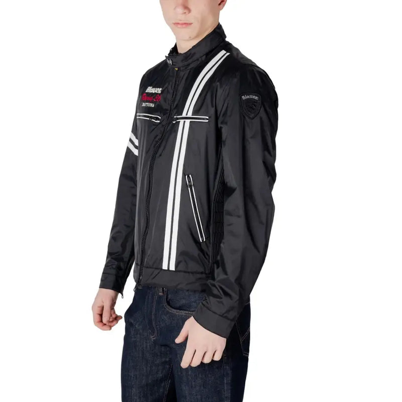 Black racing style motorcycle jacket with white racing stripes and embroidered logos made of durable material