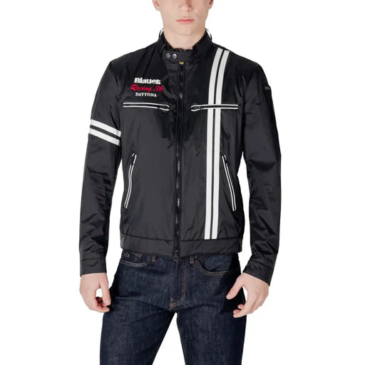 Black racing style motorcycle jacket with white racing stripes and reflective zipper pulls by Blauer 50 Daytona