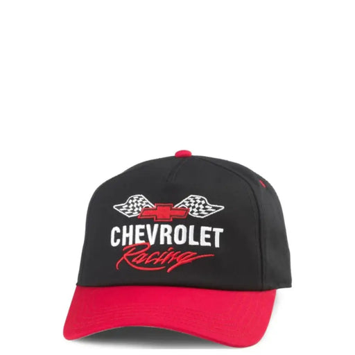 Black and red Chevrolet racing baseball cap with embroidered checkered flags and red bowtie emblem logo