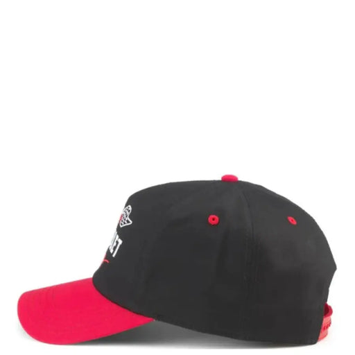Black and red chevrolet racing cap with bright pink brim and white embroidered graphics on the side