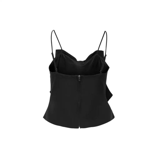 Black satin camisole top with rhinestone embellishments, thin straps, and front zipper