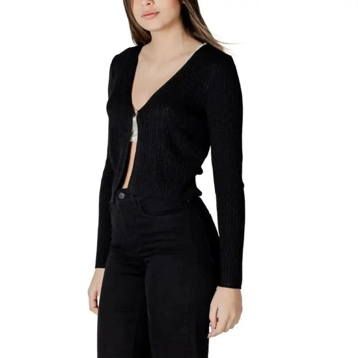 Black ribbed cardigan from Morgan De Toi featuring a stylish V-neck design