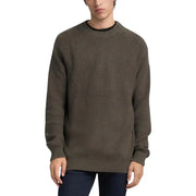 Olive green textured sweater with ribbed neckline and cuffs, likely made of cotton or wool blend.