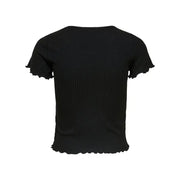 Black ribbed short-sleeved crop top with frayed edges