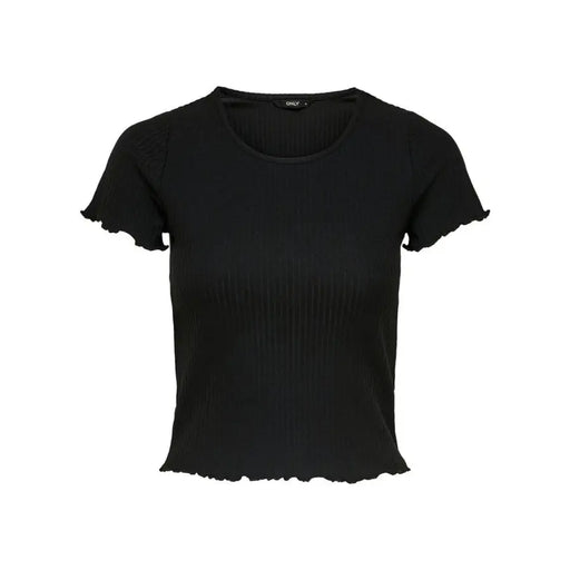 Black ribbed round neck short-sleeve women’s crop top with frayed edges