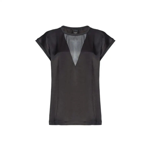 Black satin blouse with sheer V-neck from the Black Blouse and T Shirt Collection with Sheer Accents