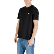 Black short sleeve crewneck t-shirt made of cotton with a small white Calvin Klein logo patch on the left chest