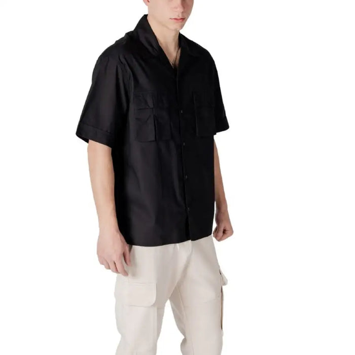 Black short-sleeved button-up shirt from the Antony Morato V Neck Button Shirt collection