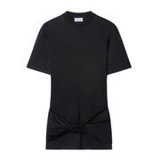 Black short-sleeved mini dress with knotted detail and sculptural heels