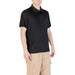 Black short-sleeved polo shirt displayed on a clothing rack for Men