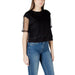Black short-sleeved T shirt featuring sheer sleeves for a stylish look