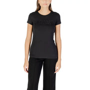 Black short-sleeved crew neck T-shirt from Armani Exchange with rhinestone print
