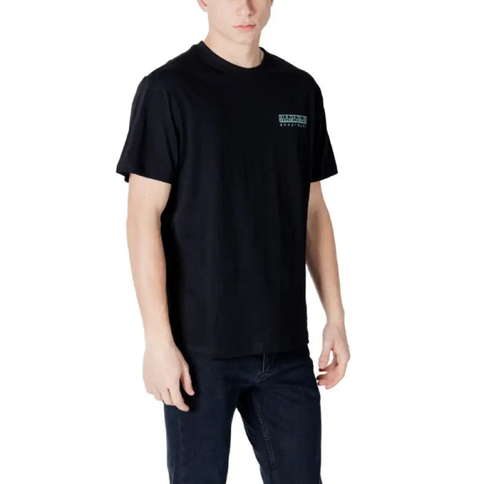 Black short-sleeved Napapijri Men T Shirt with print and round neck design