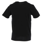 Black short-sleeved T shirt featuring a yellow and red logo for stylish casual wear