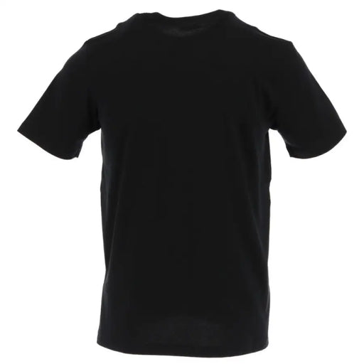 Black short-sleeved T shirt featuring a yellow and red logo for stylish casual wear